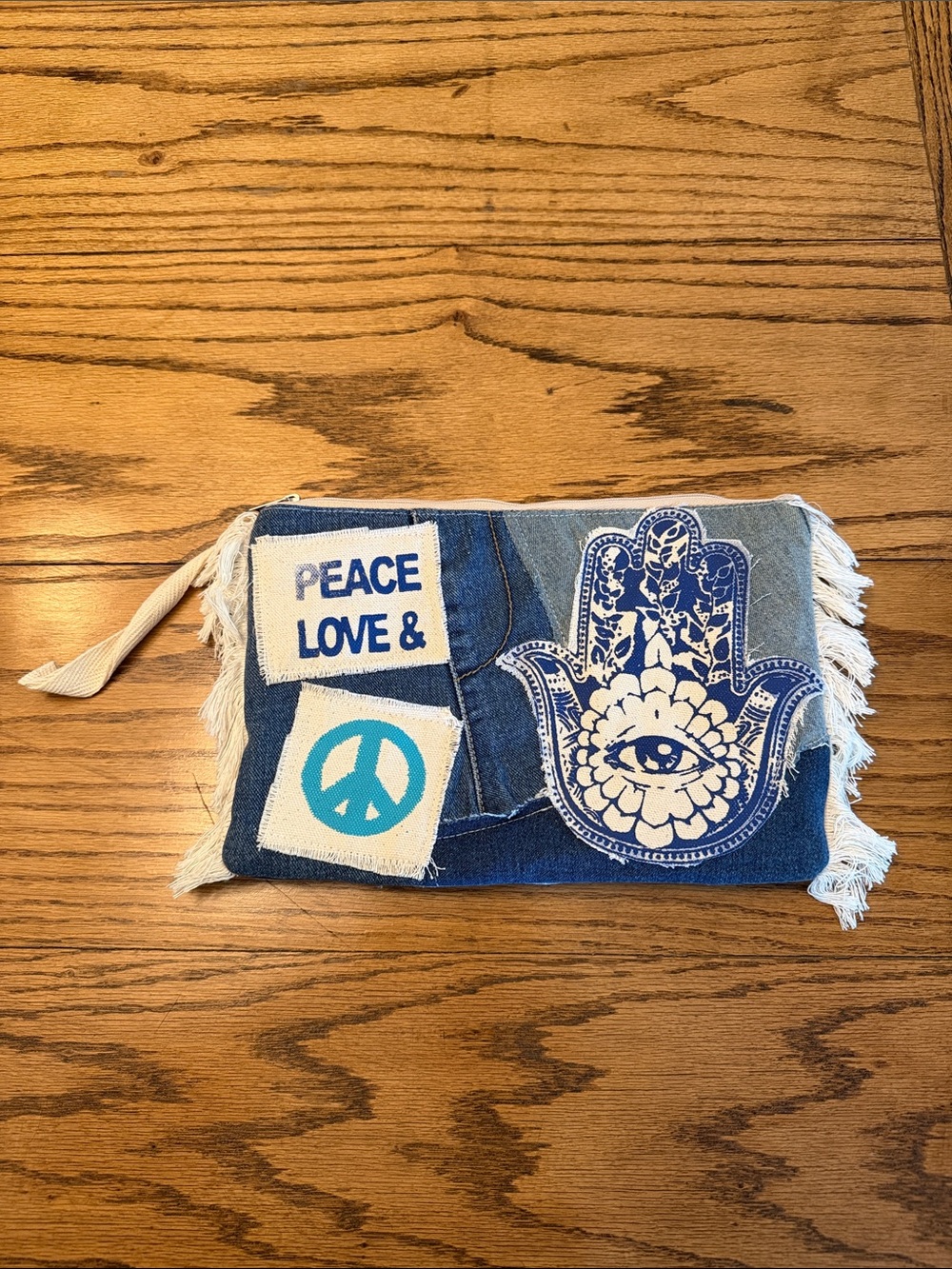 NWOT - T. Jazelle Boho Denim Hamsa Wristlet Pouch - Peace, Love & Blue.